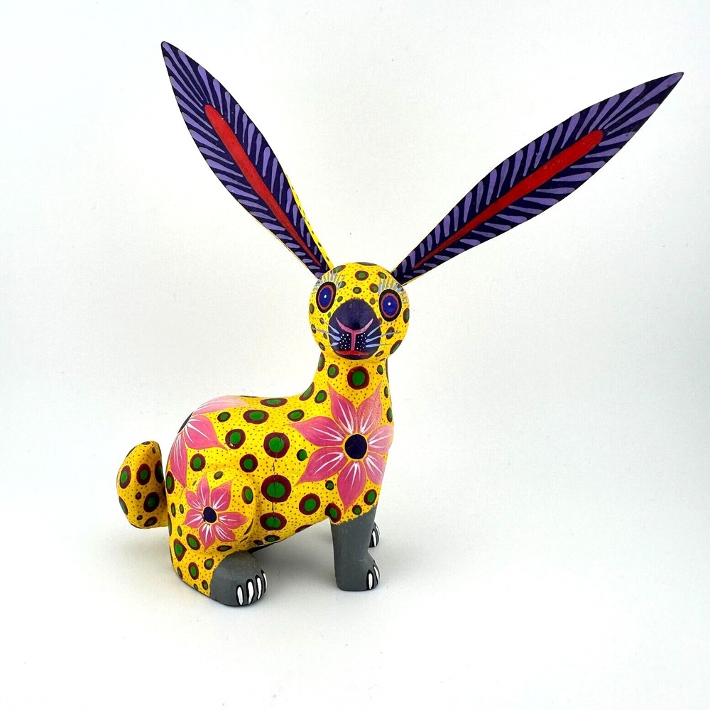 Zeny Fuentes Oaxacan Alebrije Yellow Rabbit Hand Painted Wood Carving Figure